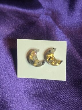 Rutilated Quartz Crescent Moon Resin Stud Earrings with Gold Flakes